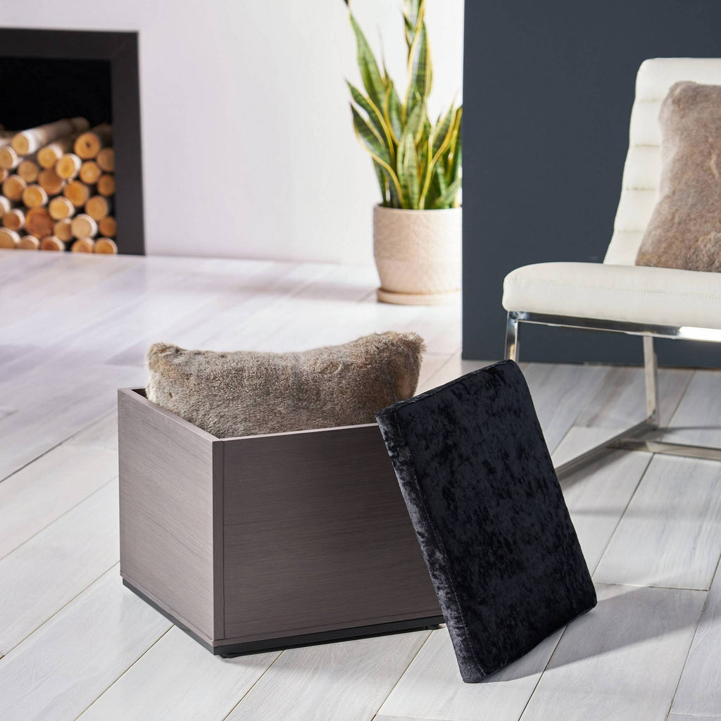 Black Gray Velvet Ottoman with Faux Wood Frame A274