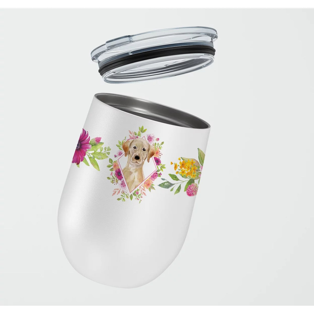 Yellow Lab Pink Flowers Stainless Steel 12 oz Stemless Wine Glass F66070