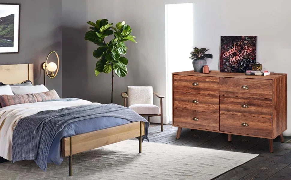 Wood 6 Drawer Dresser with Metal Handles T560