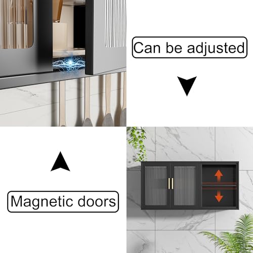 Black Over Toilet Wall Mounted Metal Cabinet with Two Glass Doors and Shelves U134