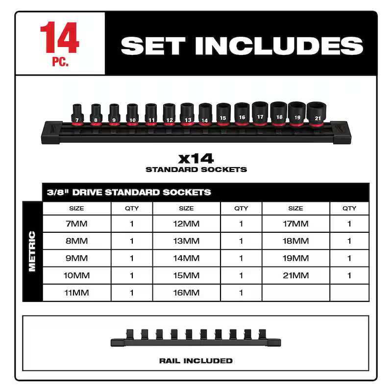3/8 in. Drive Metric 6 Point Impact Socket Set 14-Piece P9674
