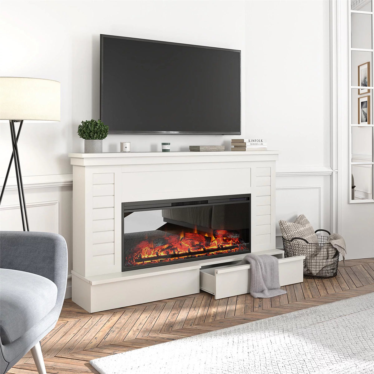 White Wide Shiplap Mantel with Linear Electric Fireplace and Storage Drawers M272213