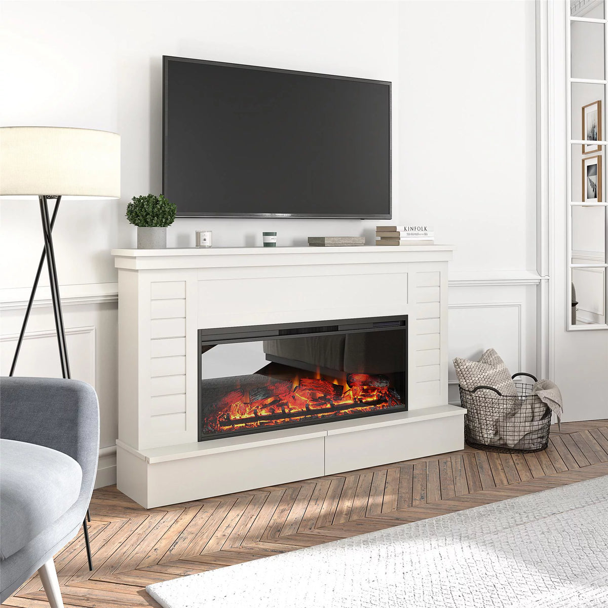 White Wide Shiplap Mantel with Linear Electric Fireplace and Storage Drawers M272213