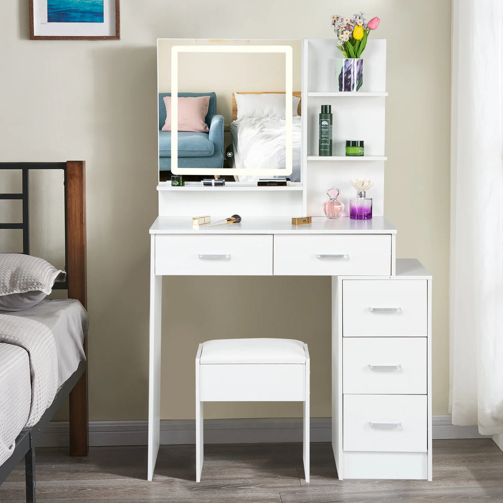 White Vanity Set with Lighted Mirror, Drawers and Stool G68881