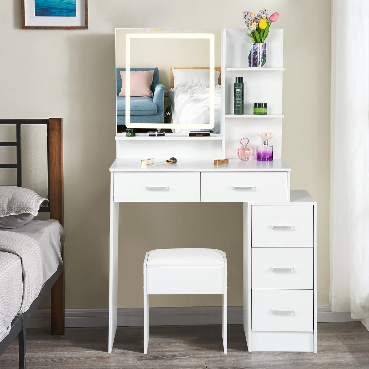White Vanity Set with Lighted Mirror, Drawers and Stool G68881