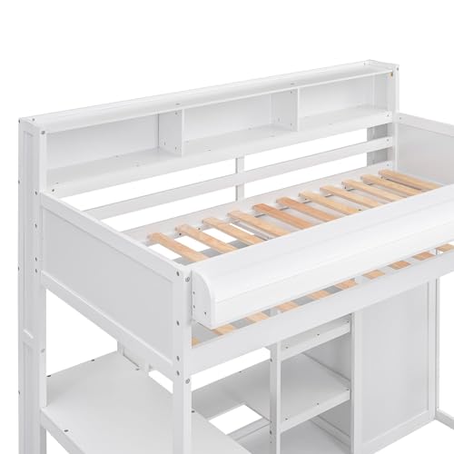 White Twin Size Solid Wood Loft Bed with Desk and Wardrobe I21604