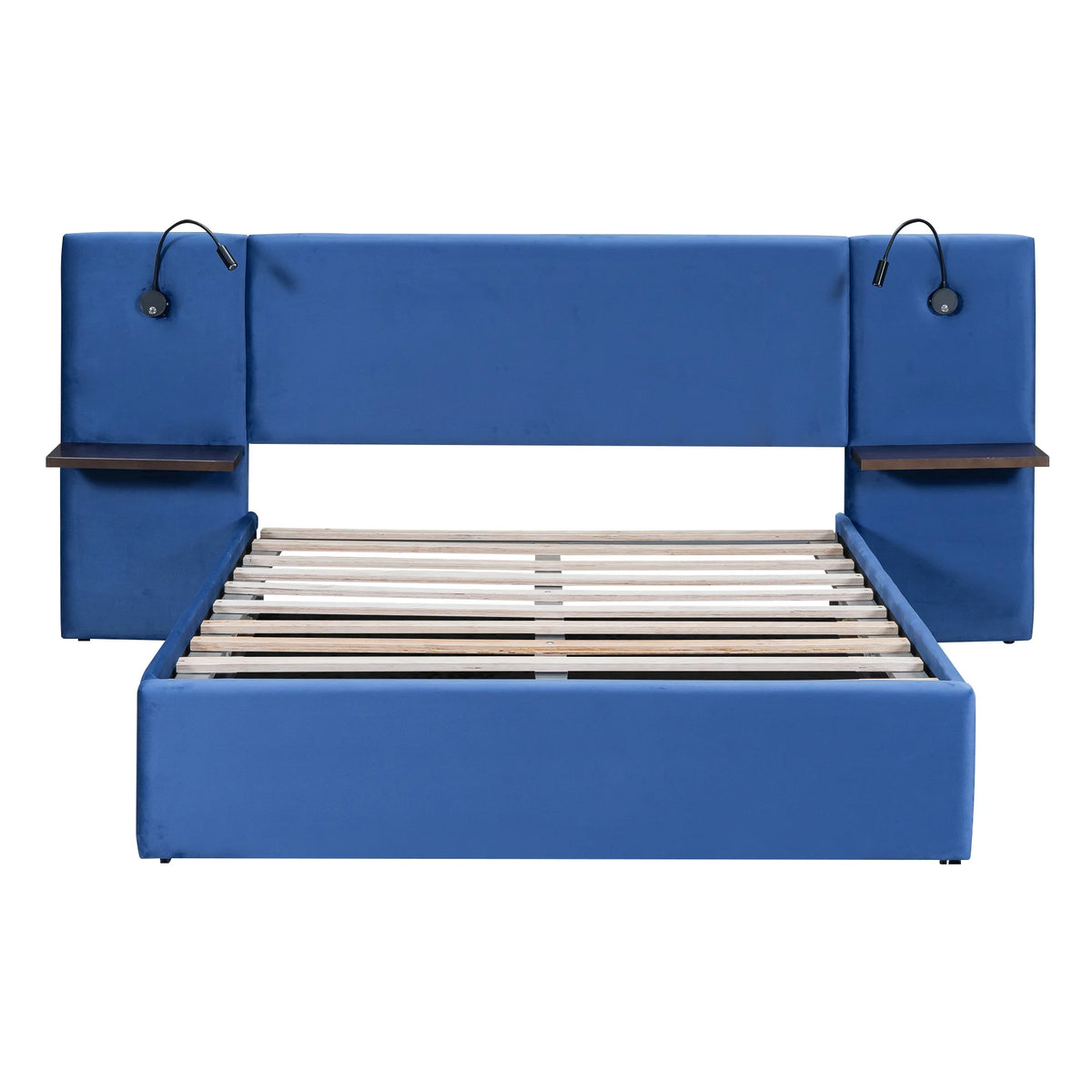 Full Size Upholstered Hydraulic Platform Bed with 2 Shelves, 2 Lights and 4 USB Ports, Blue D430