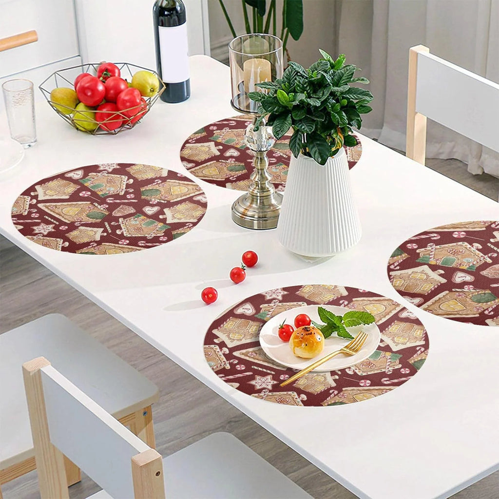 Christmas Gingerbread House Round Placemats Set of 6 Non-Slip PVC Washable Heat Resistant 15.4 Inch M905200