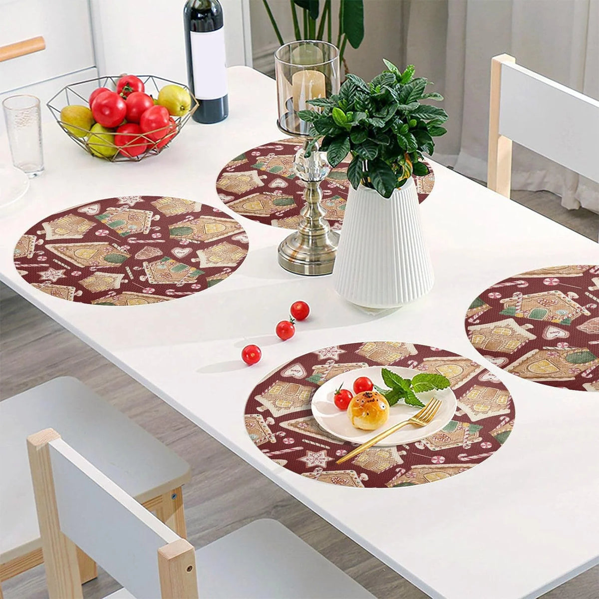 Christmas Gingerbread House Round Placemats Set of 6 Non-Slip PVC Washable Heat Resistant 15.4 Inch M905200