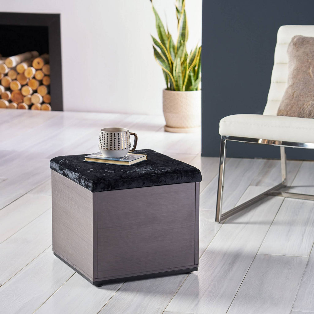 Black Gray Velvet Ottoman with Faux Wood Frame A274