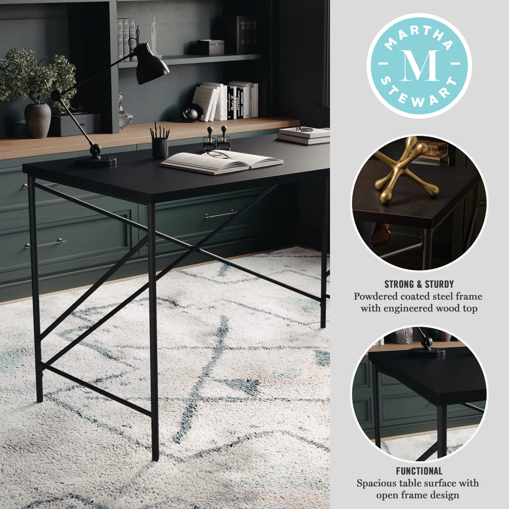 Black Wood Grain Parsons Desk with Metal X-Frame Y7546