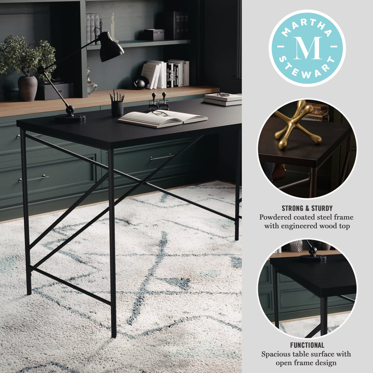 Black Wood Grain Parsons Desk with Metal X-Frame Y7546