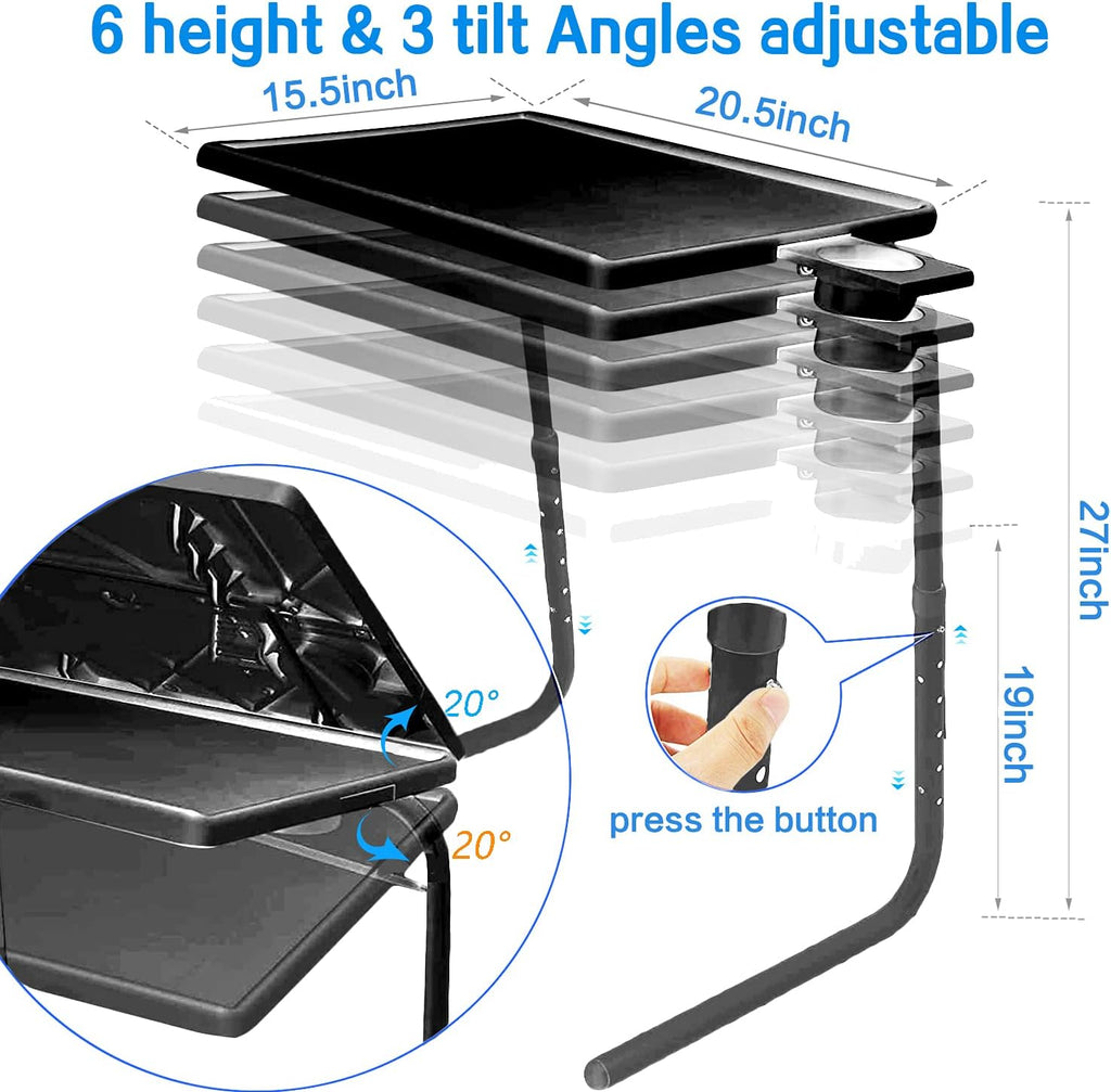 Adjustable Folding TV Tray Table with Cup Holder, 6 Height & 3 Tilt Angle (2 Pack Black) G102