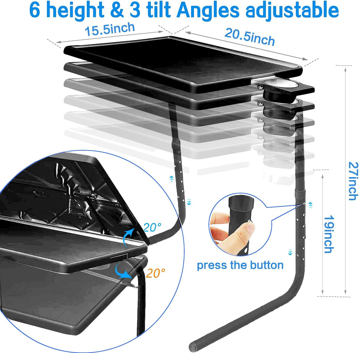 Adjustable Folding TV Tray Table with Cup Holder, 6 Height & 3 Tilt Angle (2 Pack Black) G102