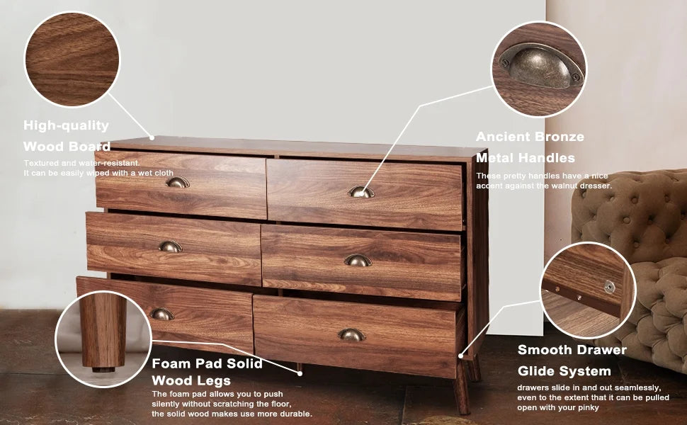 Wood 6 Drawer Dresser with Metal Handles T560