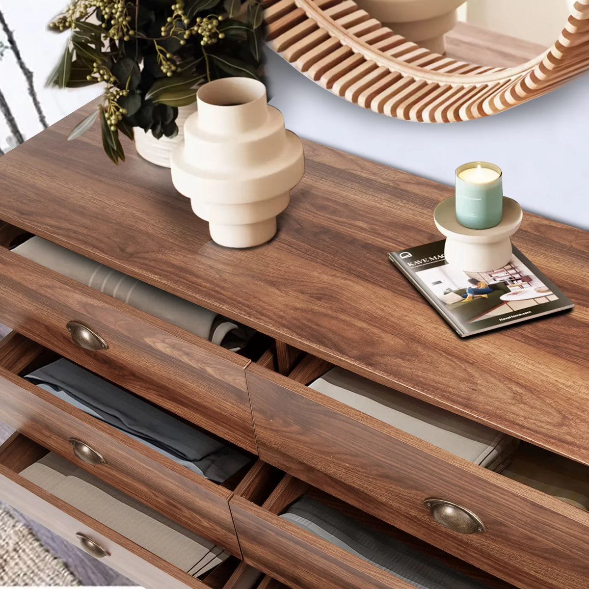 Wood 6 Drawer Dresser with Metal Handles T560