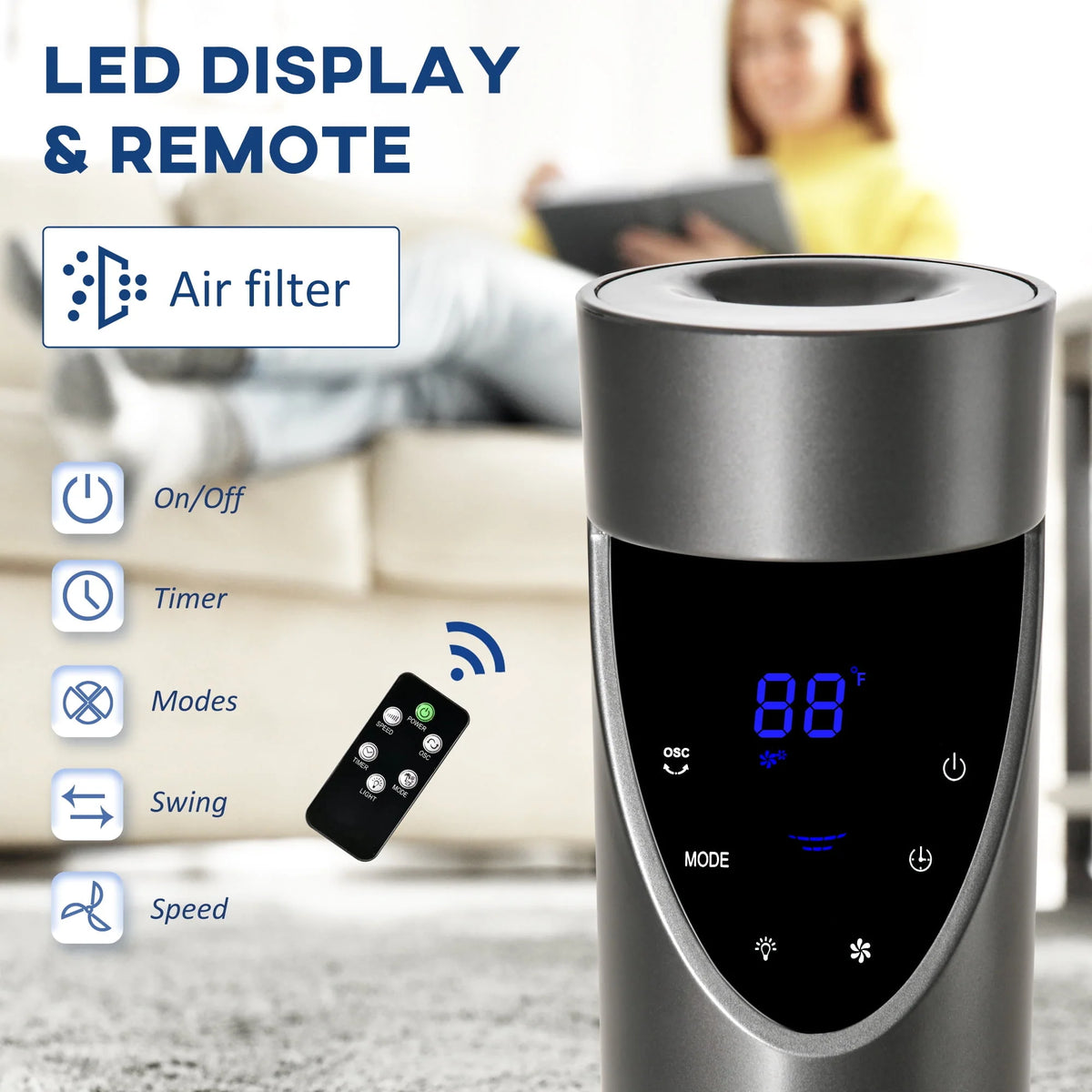 Grey Oscillating Tower Fan with Air Filter J6529