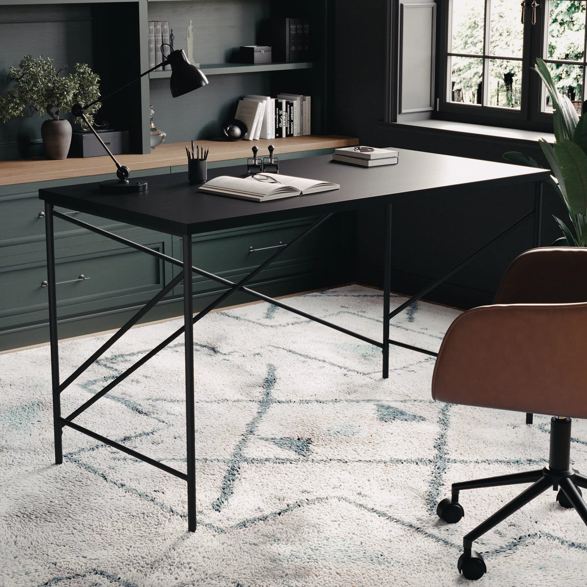 Black Wood Grain Parsons Desk with Metal X-Frame Y7546