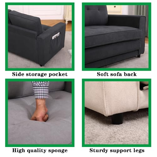 Dark Grey 3 in 1 Upholstered Convertible Futon Sofa Bed with Side Pockets Z853015