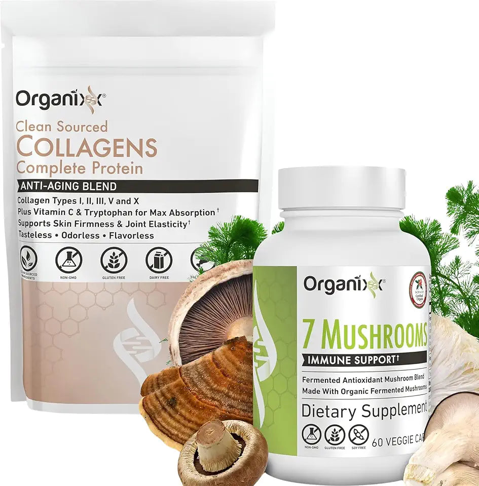 Unflavored Collagen Powder, 20 Servings & Organic Mushroom Supplement, 60 Vegetarian Capsules H9364