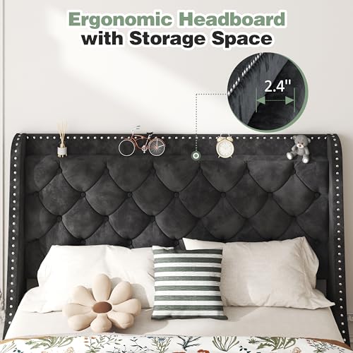 Queen Size Velvet Upholstered Platform Bed Frame with Storage C117883