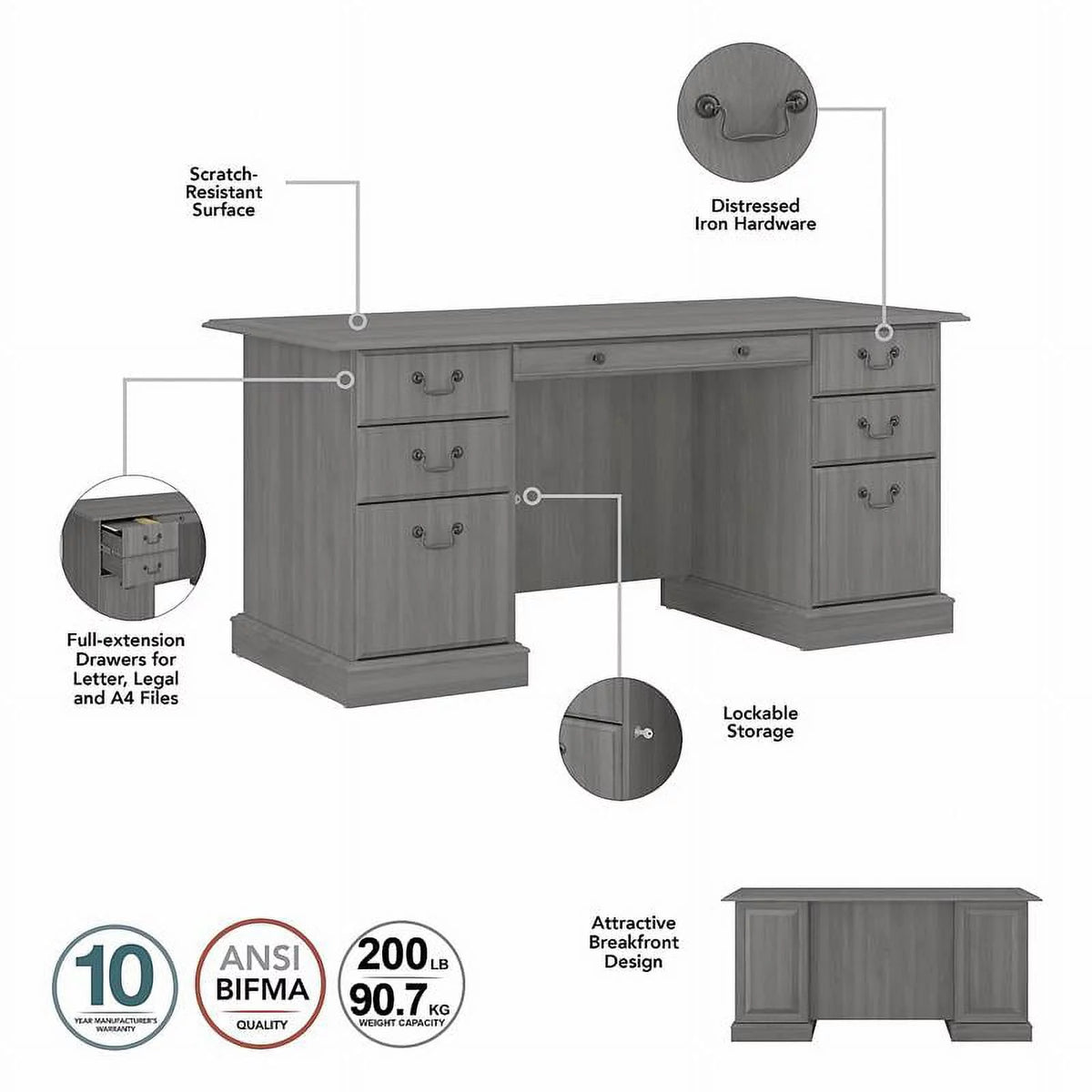 Gray Wood Executive Desk with Drawers O722