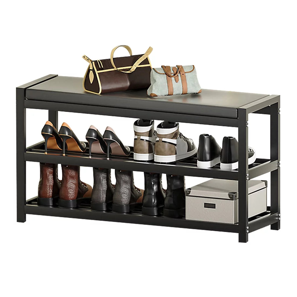 2-Tier Gray Shoe Rack Bench with Vegan Leather Seat Q85805