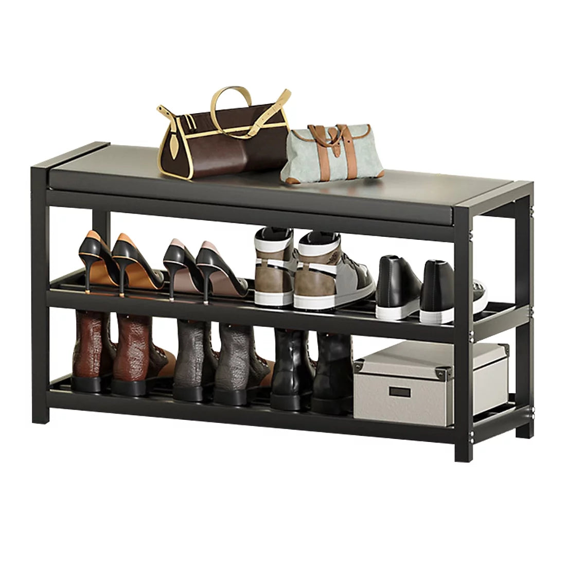 2-Tier Gray Shoe Rack Bench with Vegan Leather Seat Q85805