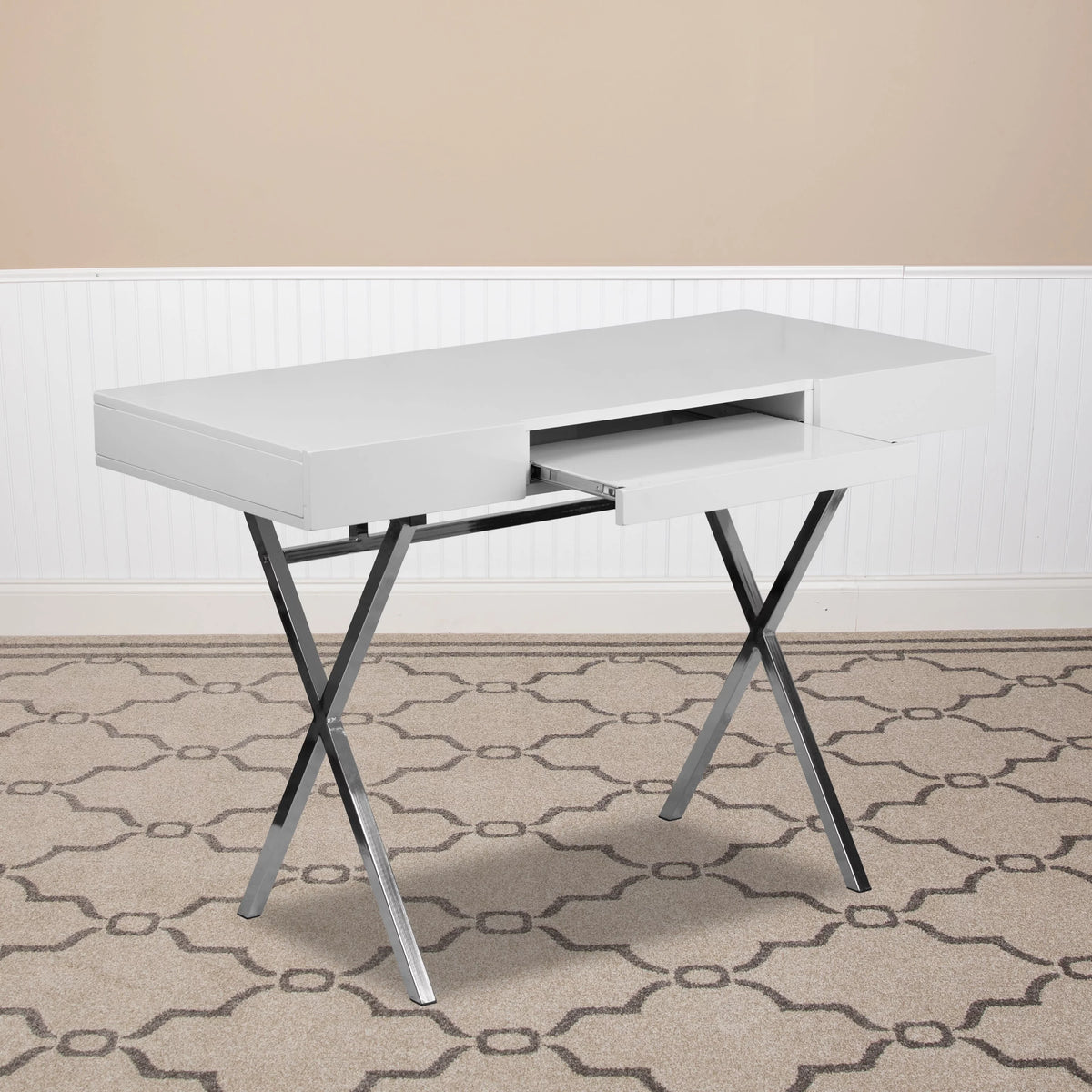 White Computer Desk with Keyboard Tray and Drawers Y697518