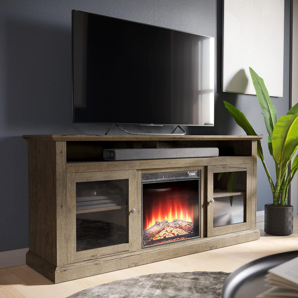 60 Inch Electric Fireplace TV Stand with Open Storage Shelves & Cabinets D1583