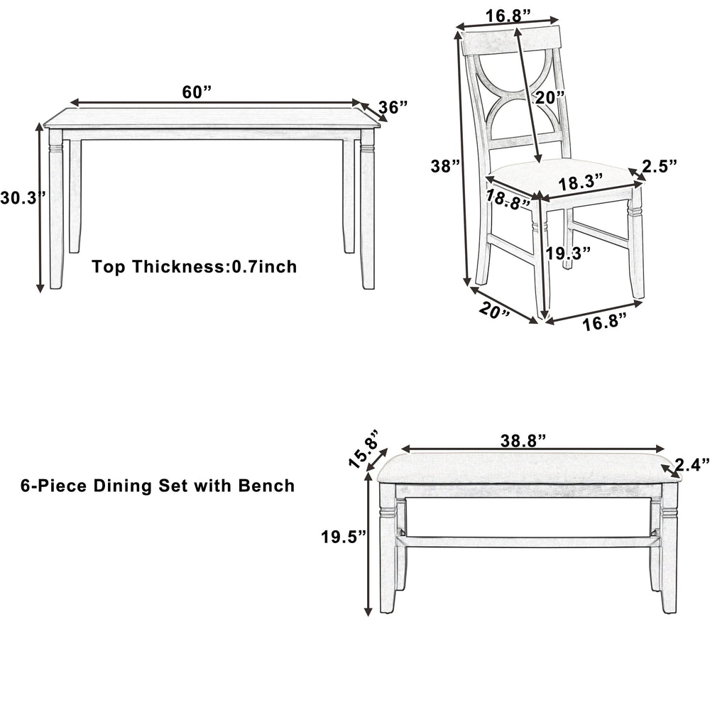 6 Piece Dining Table Set with 4 Chairs and Upholstered Bench V946477