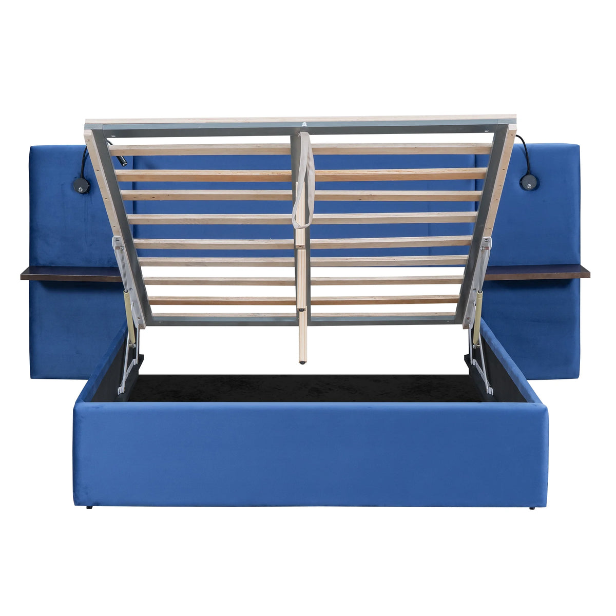 Full Size Upholstered Hydraulic Platform Bed with 2 Shelves, 2 Lights and 4 USB Ports, Blue D430