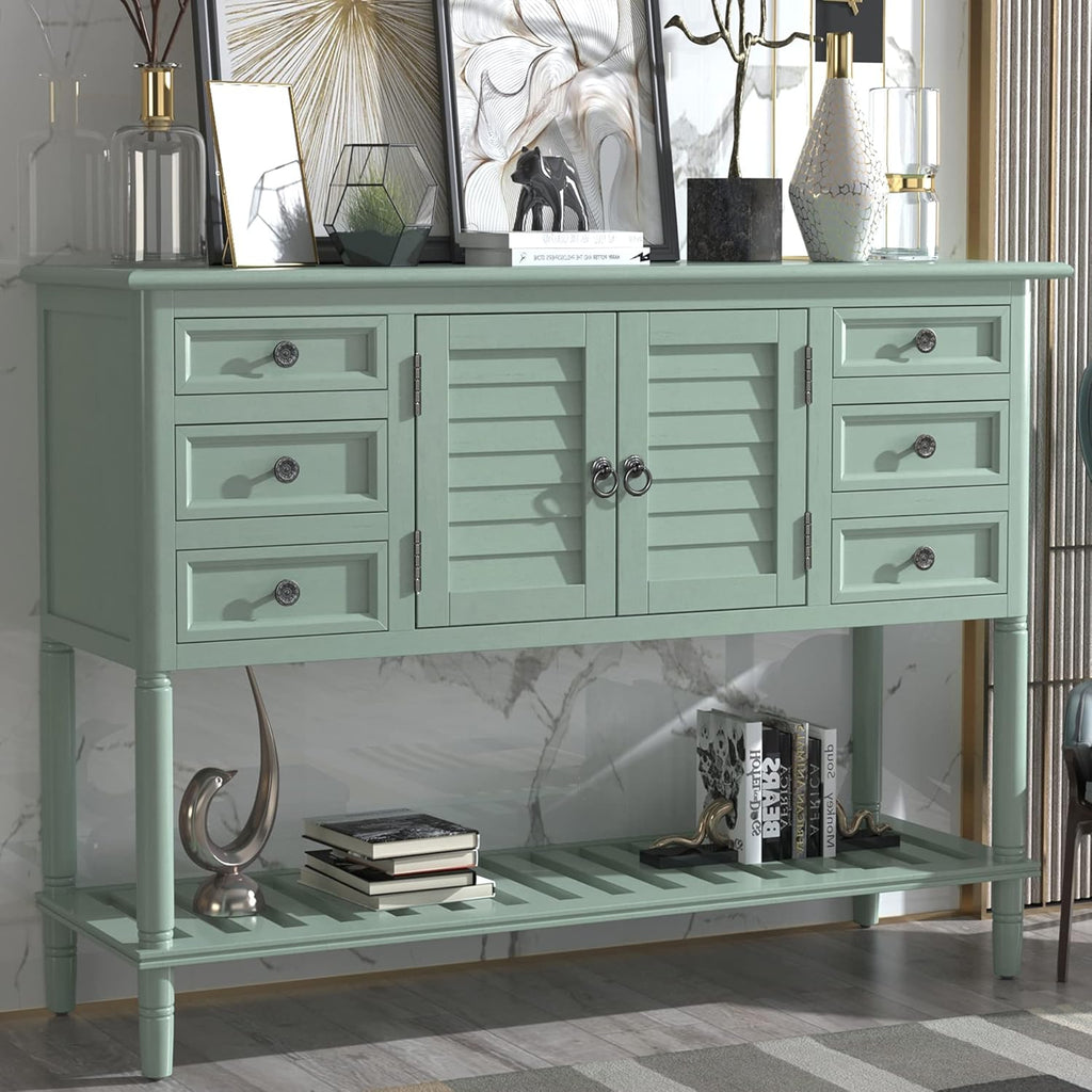 Light Green Wood Console Table with Drawers & Open Shelf Y652357