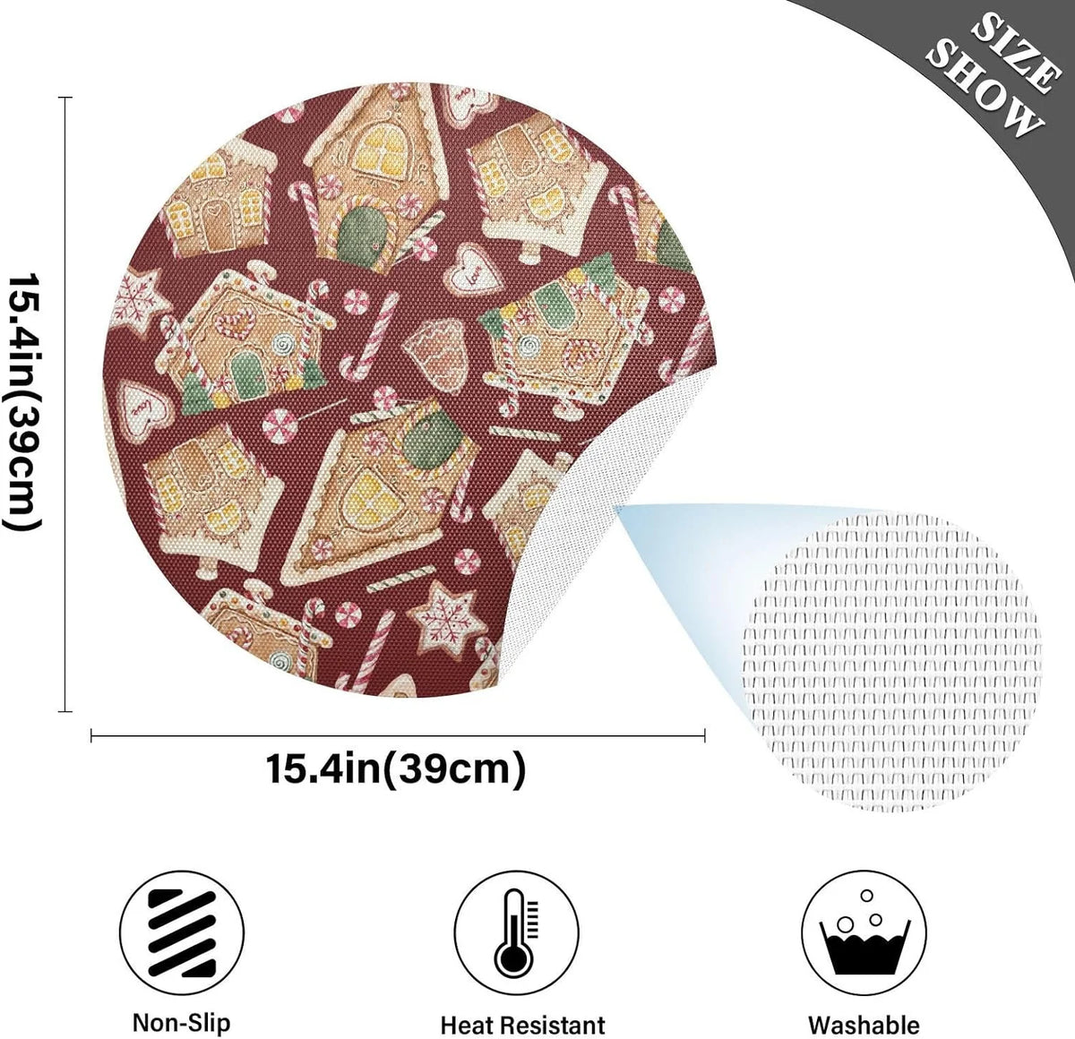Christmas Gingerbread House Round Placemats Set of 6 Non-Slip PVC Washable Heat Resistant 15.4 Inch M905200