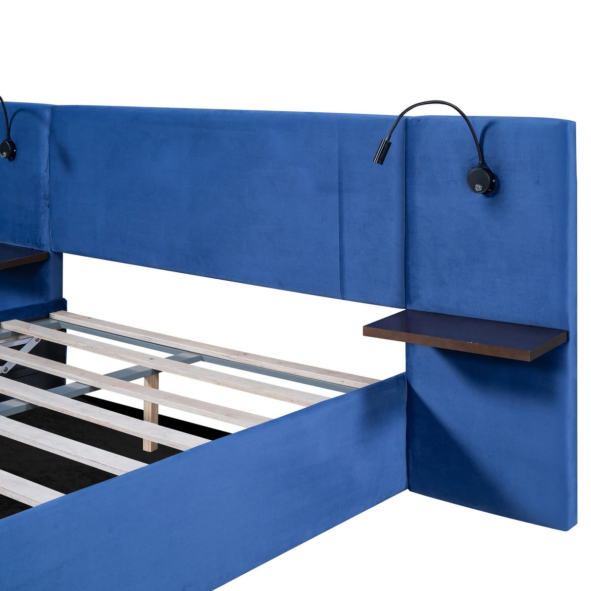 Full Size Upholstered Hydraulic Platform Bed with 2 Shelves, 2 Lights and 4 USB Ports, Blue D430
