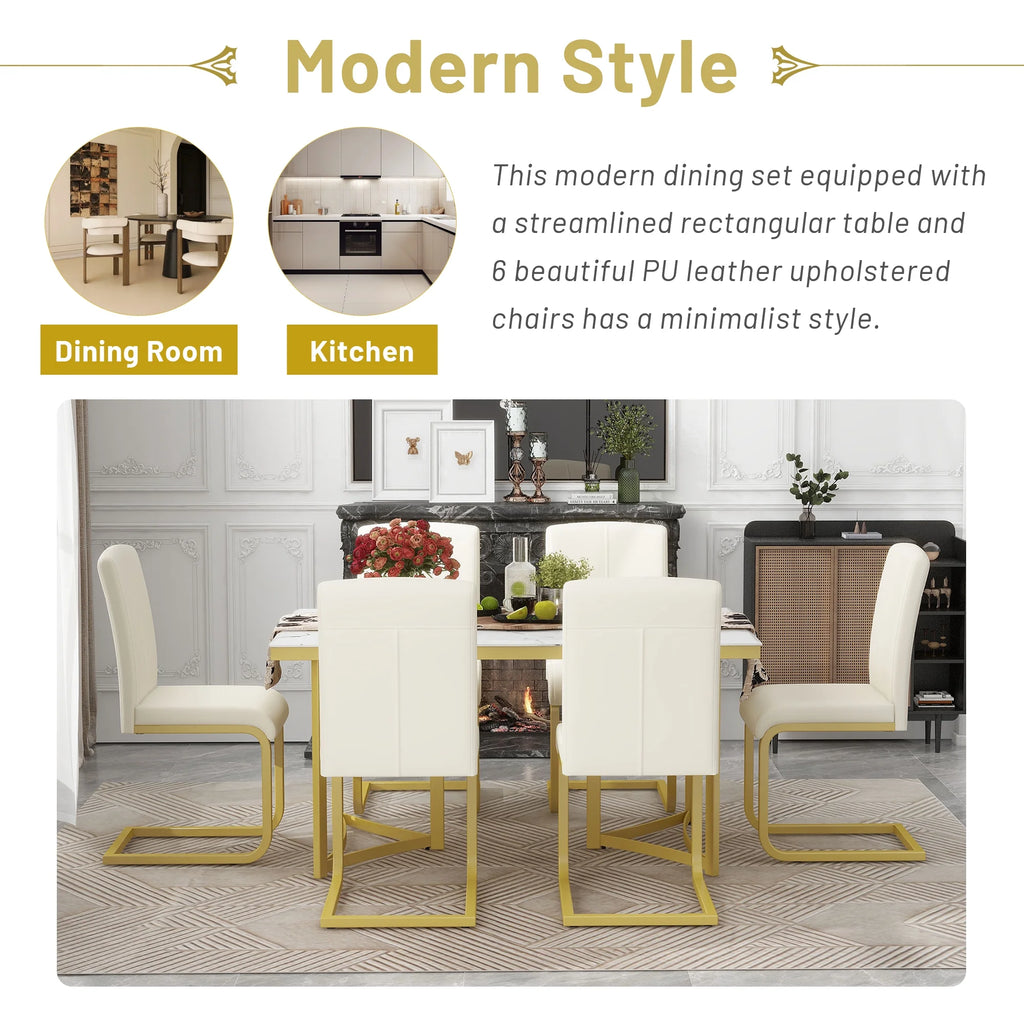 Gold Steel Dining Table Set for 6 with 6 PU Leather Chairs F274