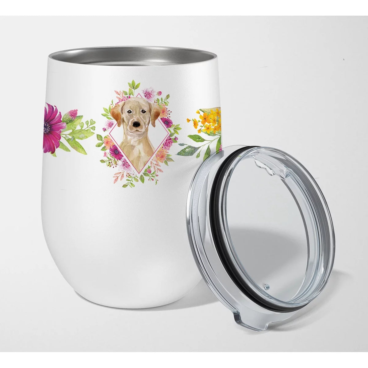 Yellow Lab Pink Flowers Stainless Steel 12 oz Stemless Wine Glass F66070