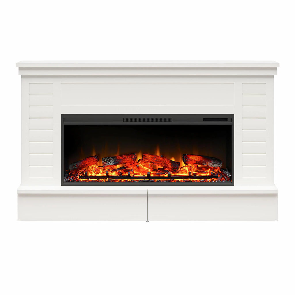 White Wide Shiplap Mantel with Linear Electric Fireplace and Storage Drawers M272213