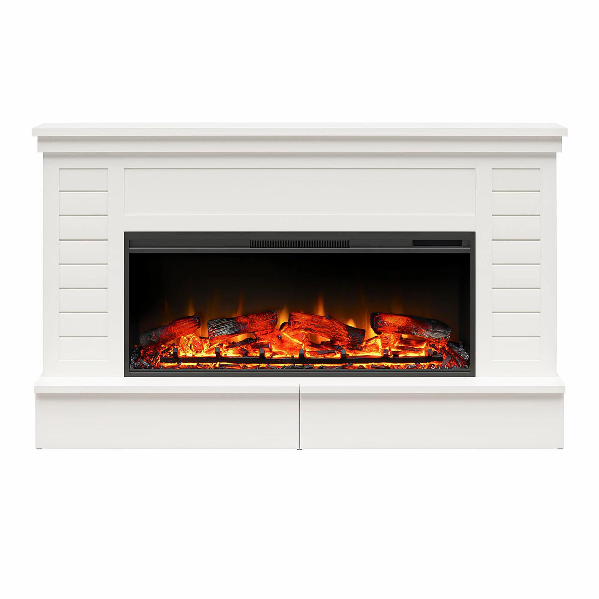 White Wide Shiplap Mantel with Linear Electric Fireplace and Storage Drawers M272213