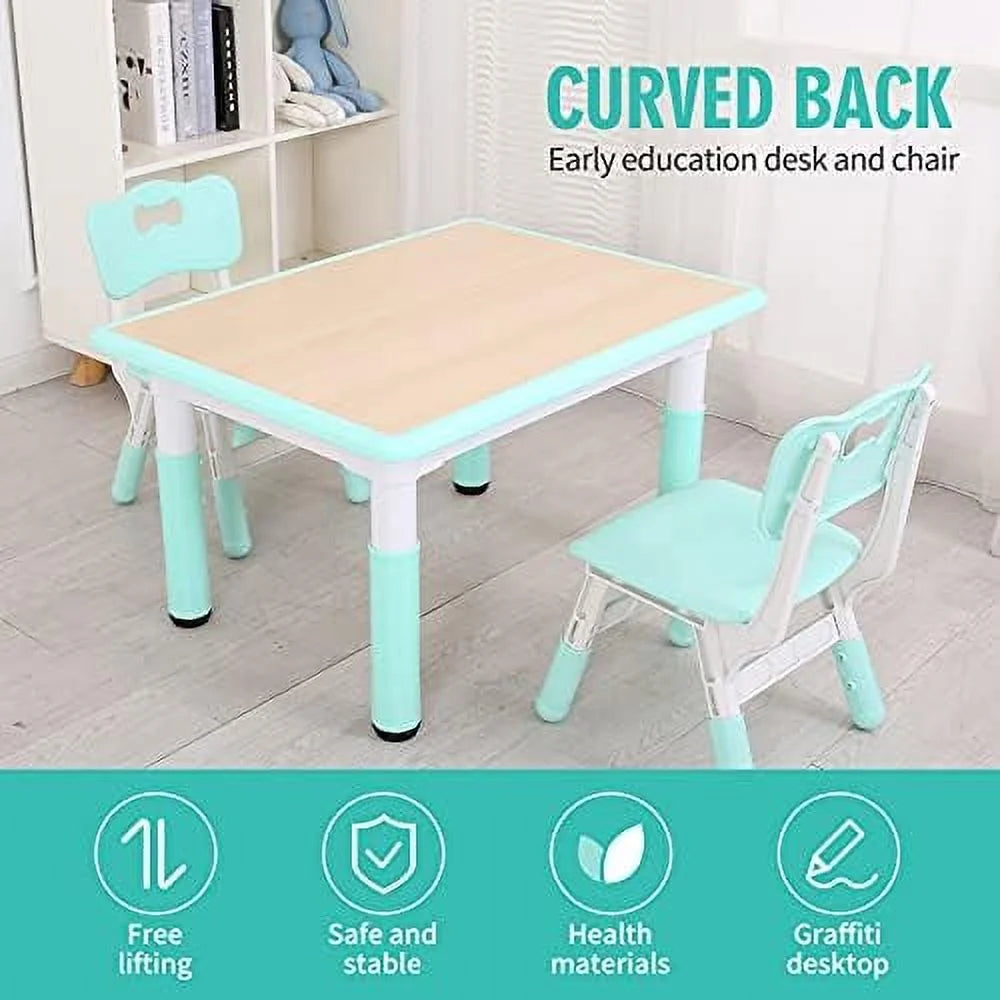 Kids Study Table and Chairs Set, Height Adjustable Plastic Children Art Desk with 2 Seats M52017