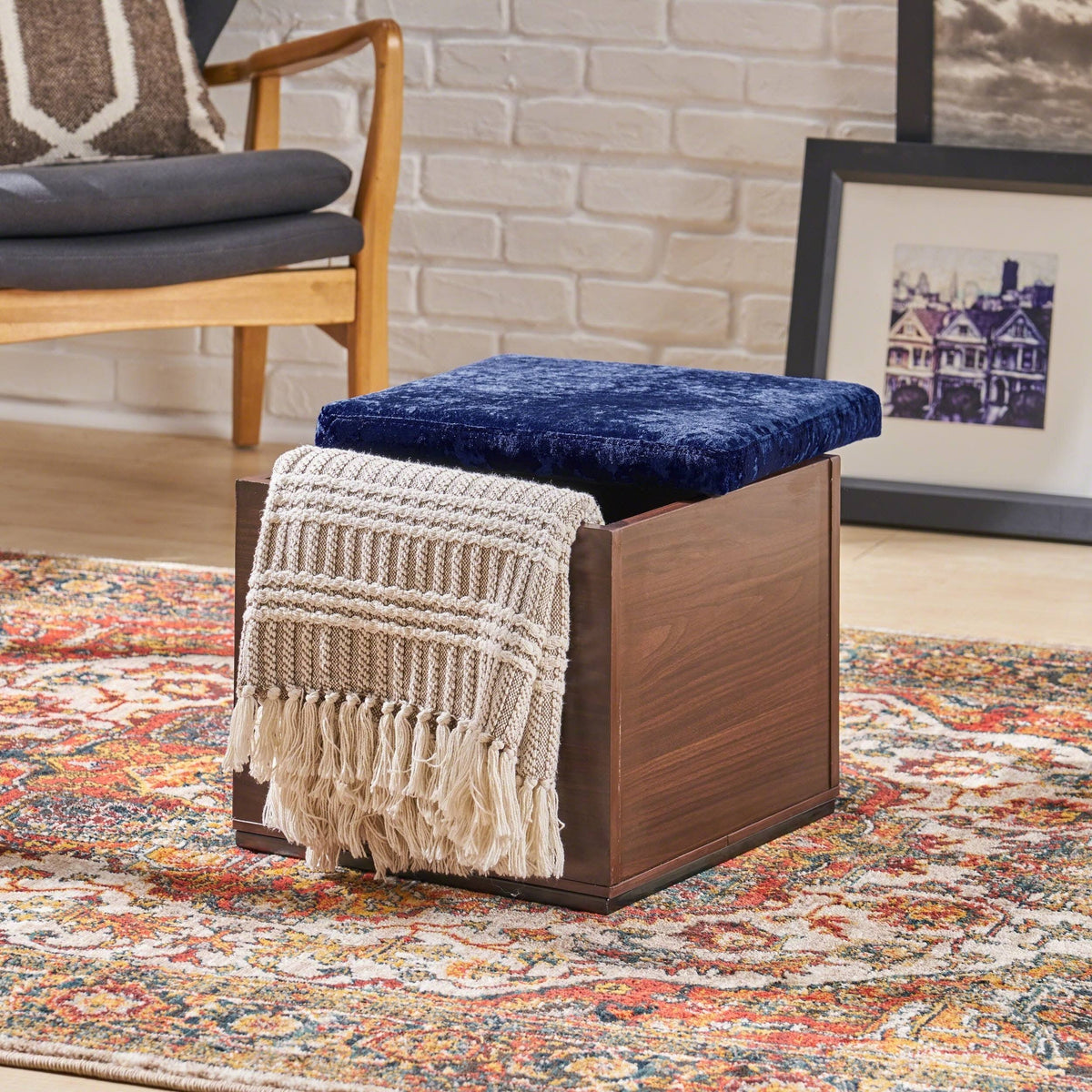 Black Gray Velvet Ottoman with Faux Wood Frame A274