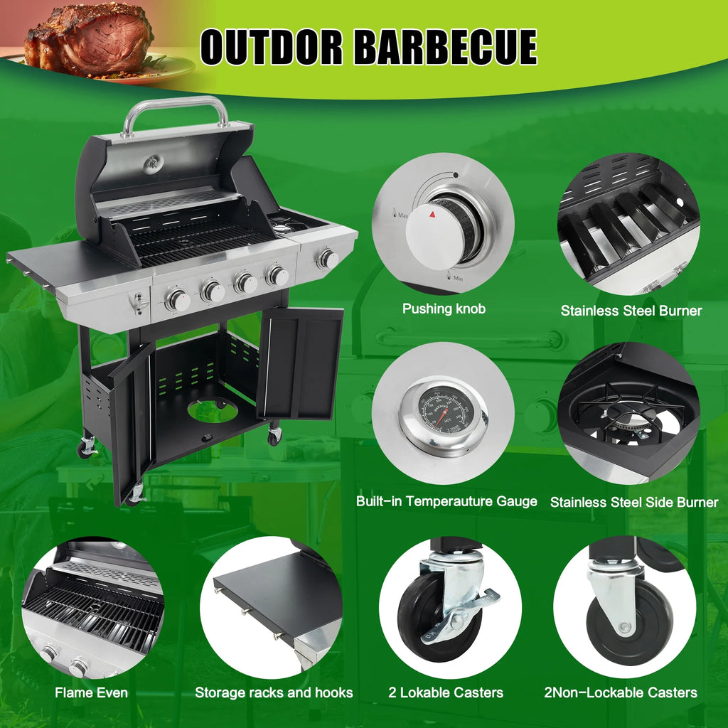 4 Burner Propane Gas Grill with Side Burner and Thermometer Q970
