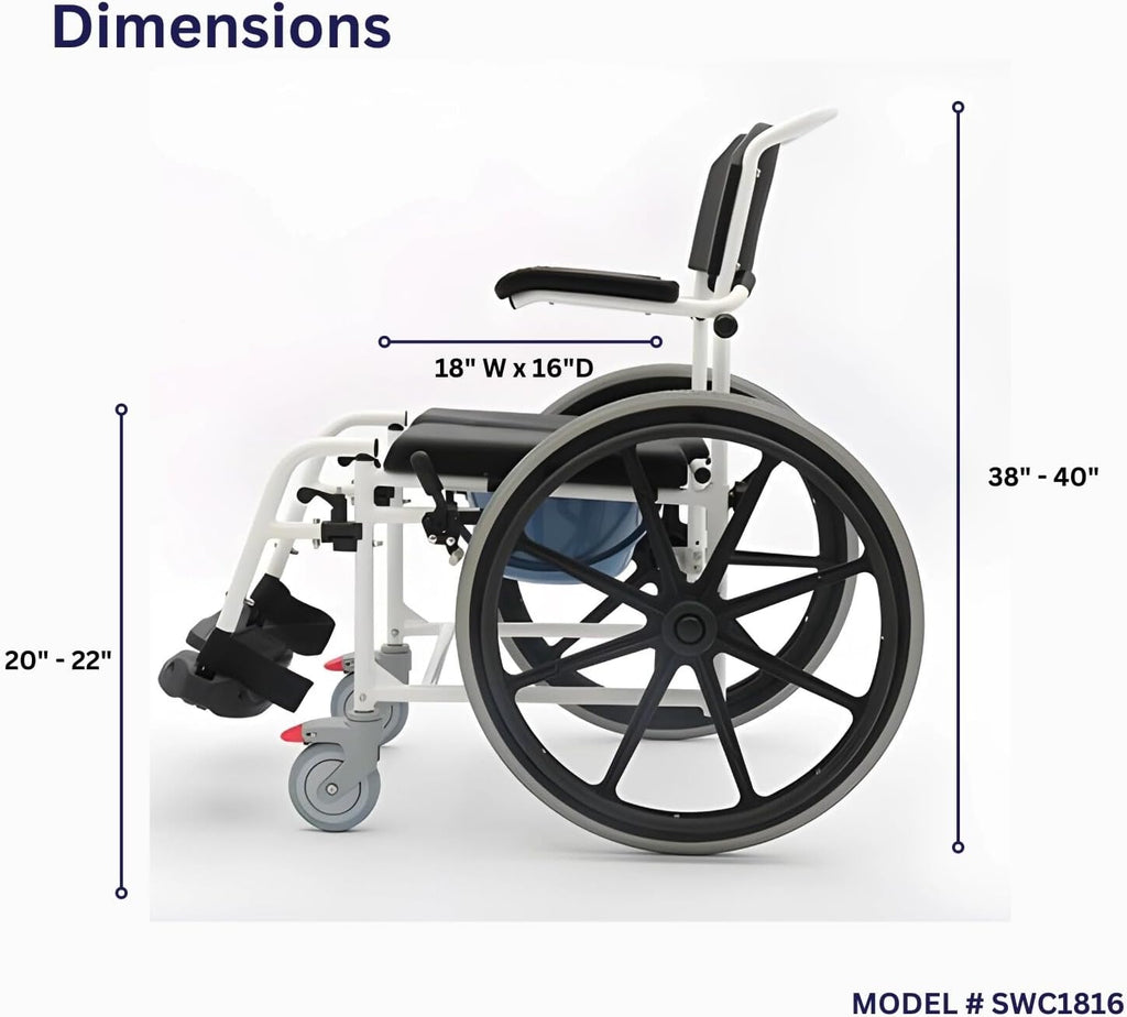 Rolling Shower Wheelchair with Commode, Padded Seat, 24" Rear Wheels, Non-Corrosive Aluminum Frame, 265 Lbs Weight Capacity, Black I385532