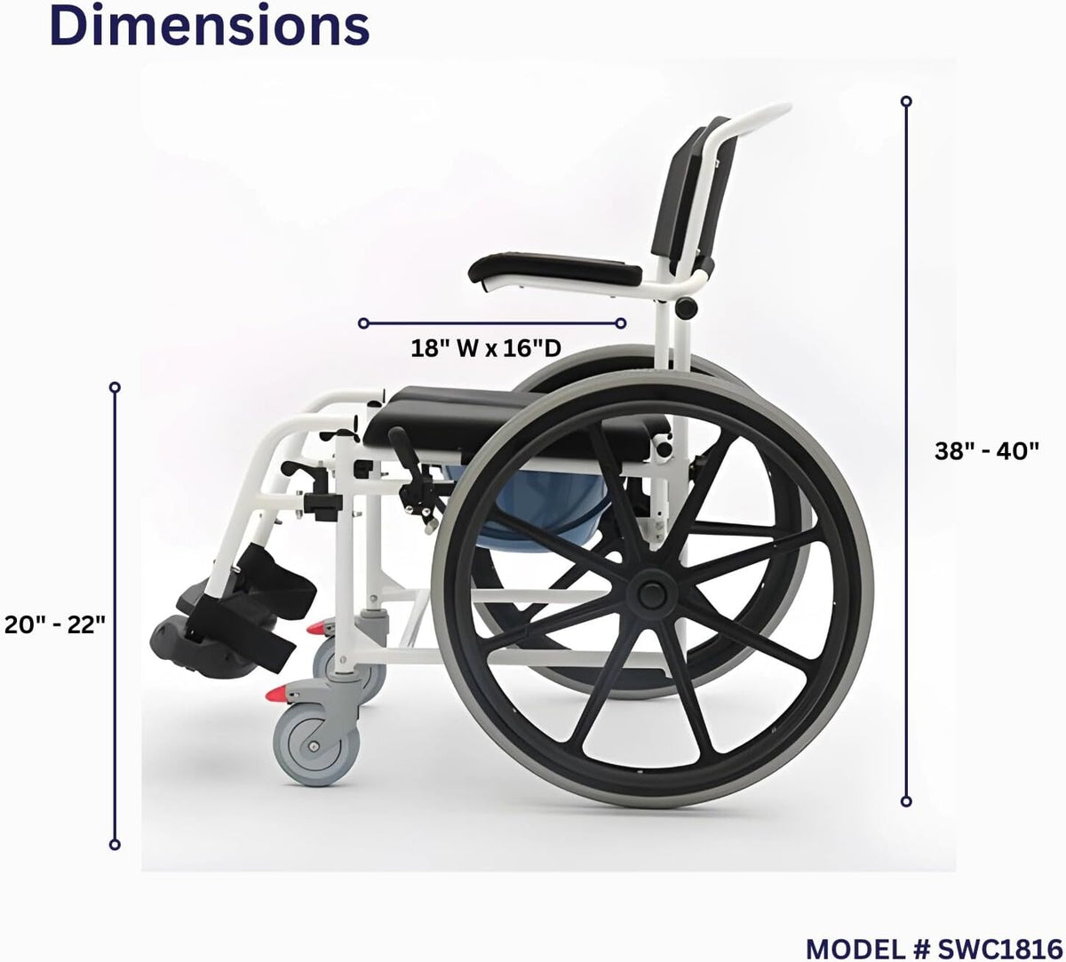 Rolling Shower Wheelchair with Commode, Padded Seat, 24" Rear Wheels, Non-Corrosive Aluminum Frame, 265 Lbs Weight Capacity, Black I385532