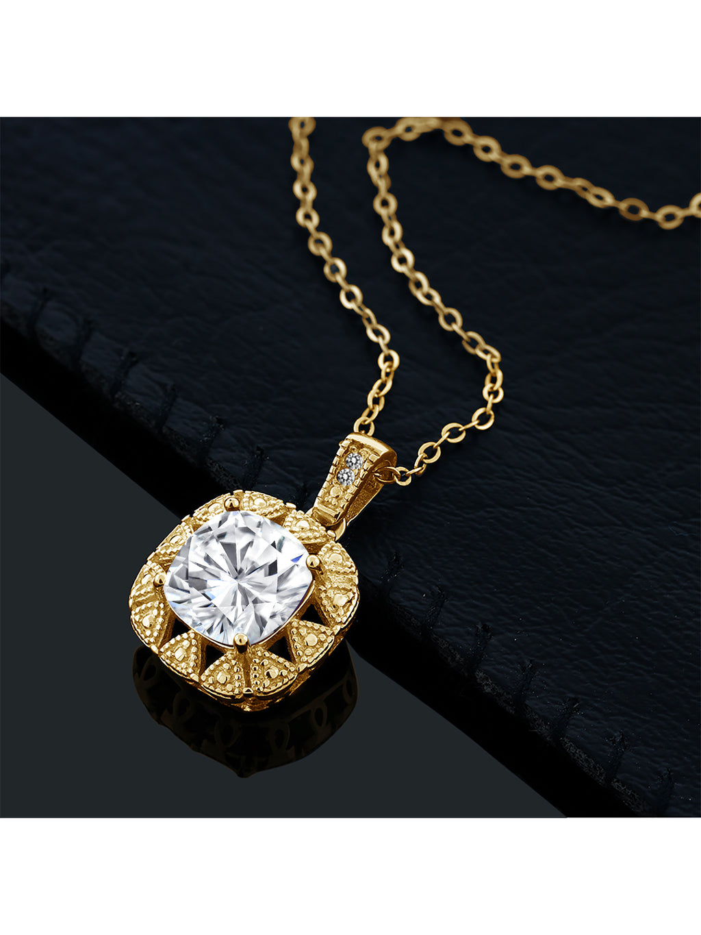 18K Yellow Gold Plated Silver White Moissanite and White Diamond Pendant Necklace (2.41 Cttw, Cushion 8MM, with 18 inch Chain) W845