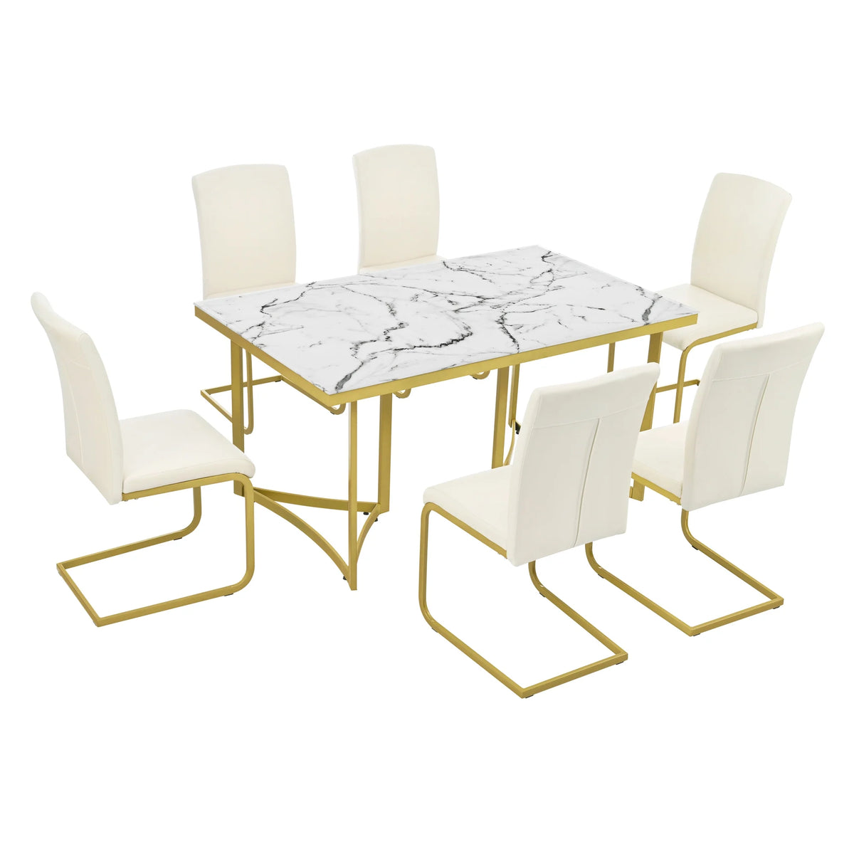 Gold Steel Dining Table Set for 6 with 6 PU Leather Chairs F274
