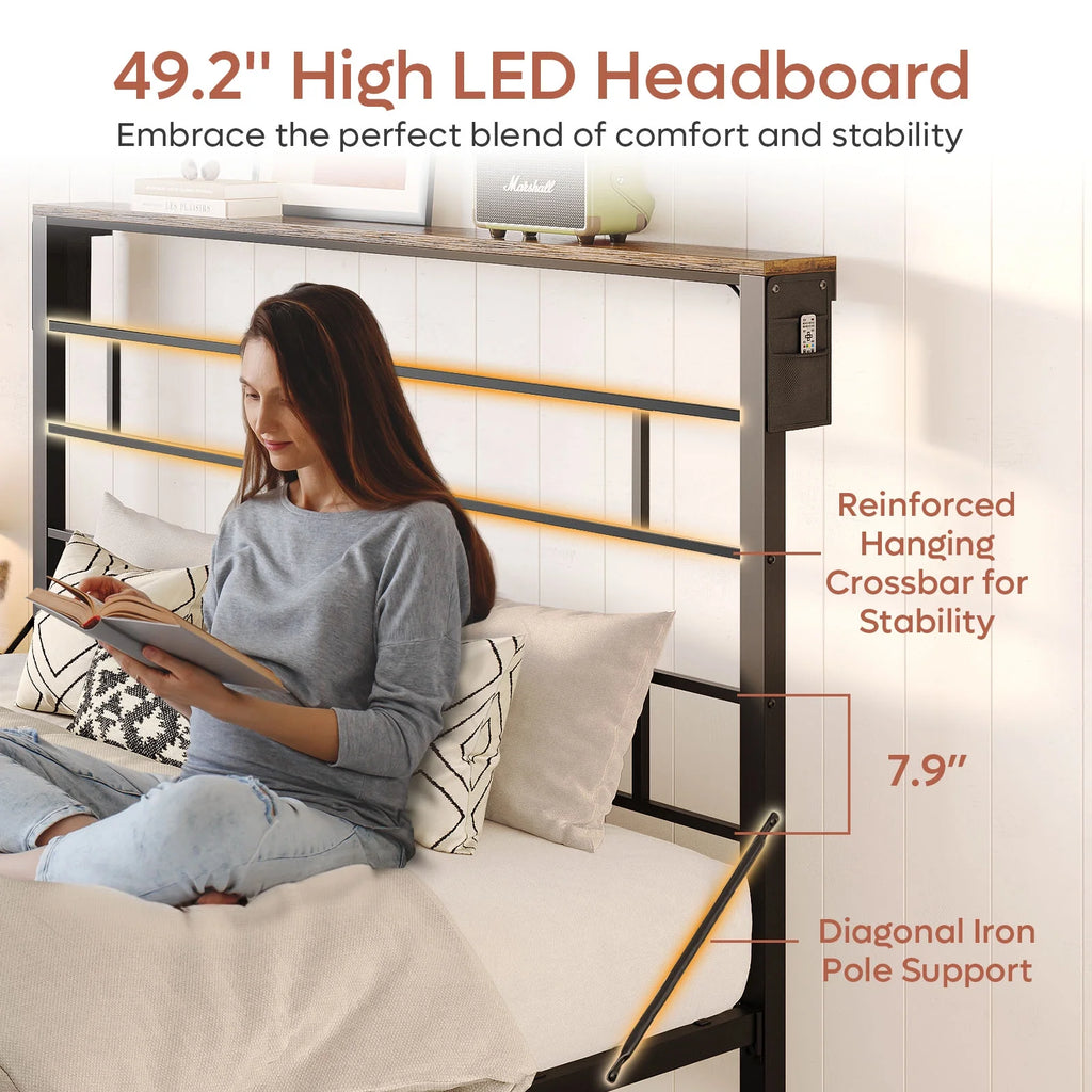 Queen Size Black Metal Platform Bed Frame with LED Storage Headboard X478