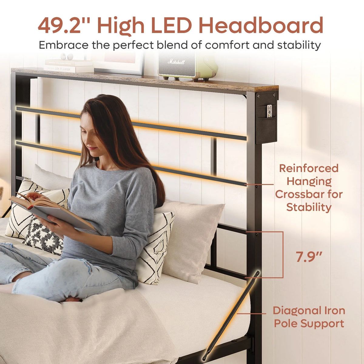 Queen Size Black Metal Platform Bed Frame with LED Storage Headboard X478