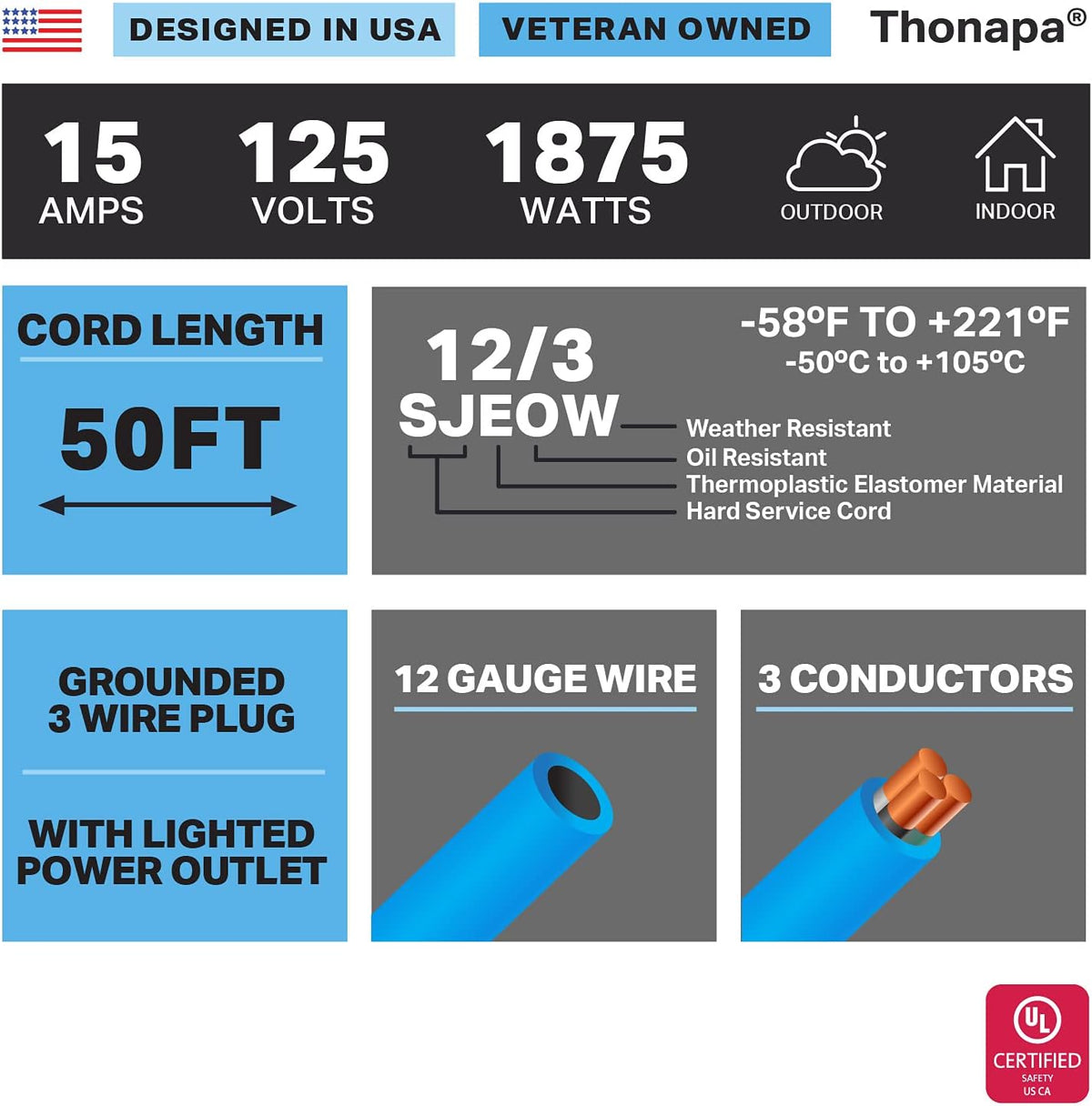 50 Ft All Weather Extension Cord with 3 Outlets, 12/3 SJEOW Heavy Duty Lighted Outdoor Cable E26360