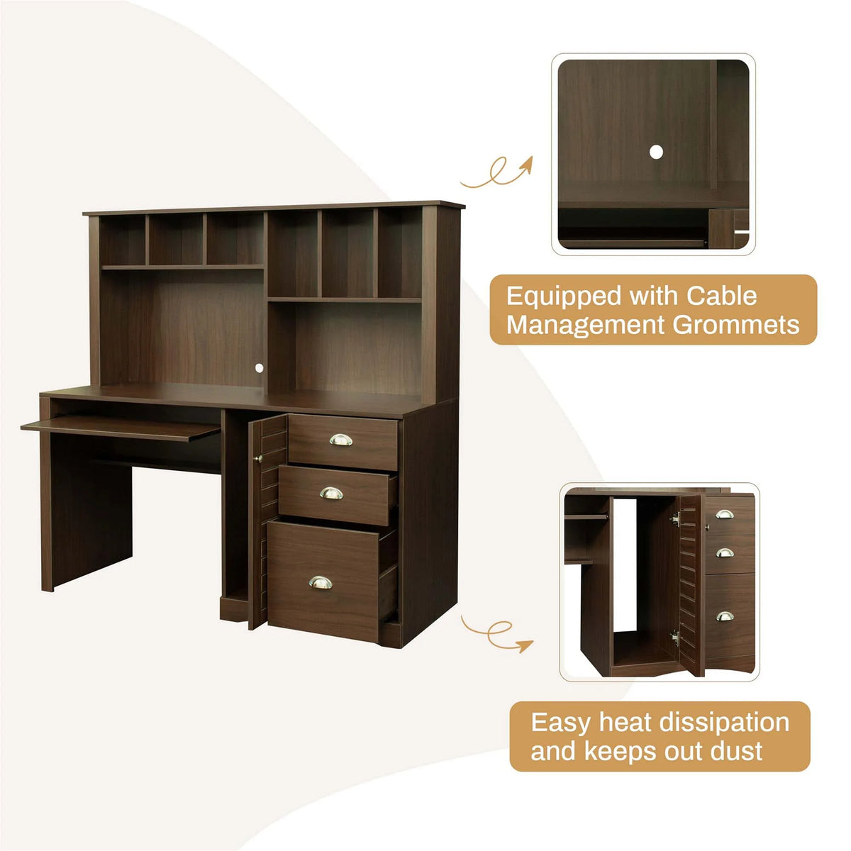 Walnut Computer Desk with Hutch and 3 Drawers U92458